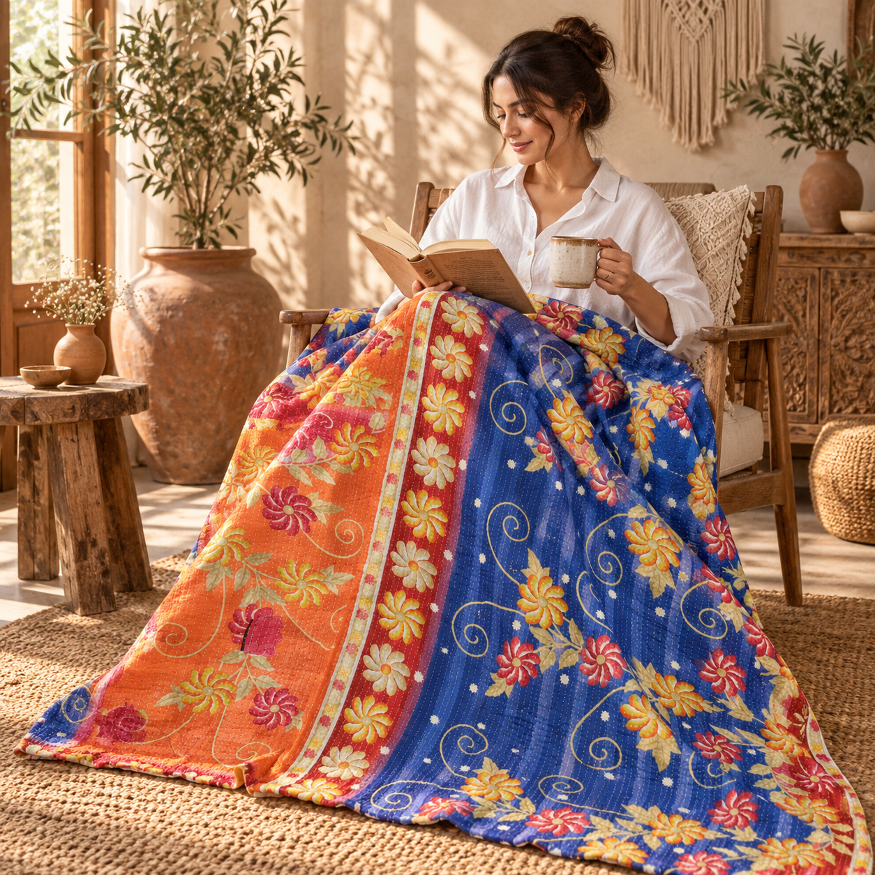 Vintage Handmade Kantha Quilt – Royal Blue Orange Floral Recycled Sari Cotton Bedspread, Indian Boho Throw - Image 3