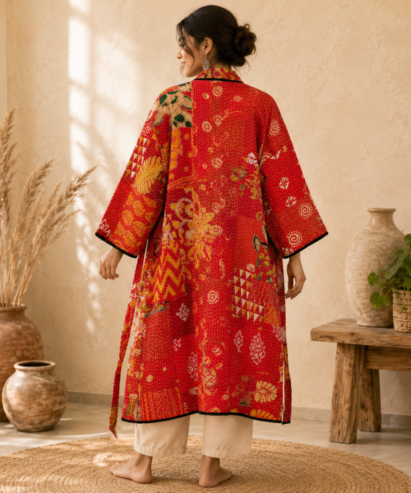 Alternative view of Red Multicolor Vintage Kantha Long Kimono Robe – Handmade Patchwork Cotton Jacket