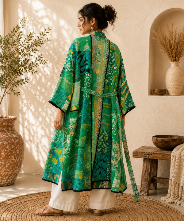 Alternative view of Emerald Green Multicolor Vintage Kantha Long Kimono Robe – Handmade Patchwork Cotton Boho Jacket