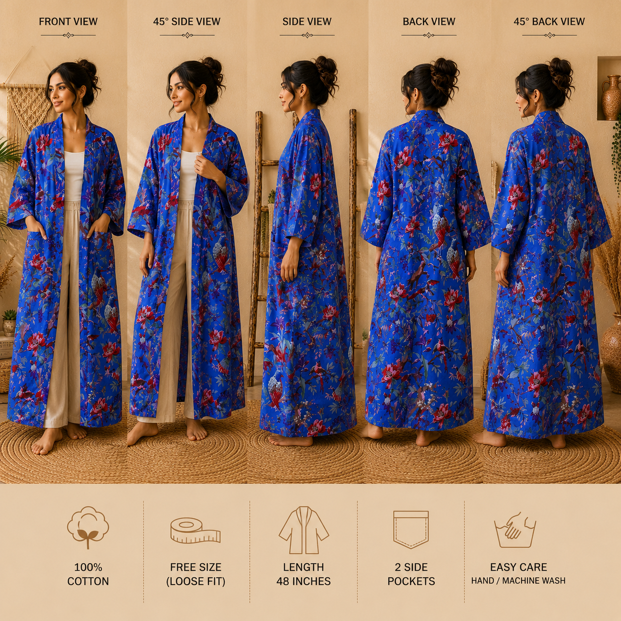 Royal Blue Floral Bird Print Cotton Long Kimono Robe for Women – Boho Maxi Kimono, Free Size with Pockets - Image 5