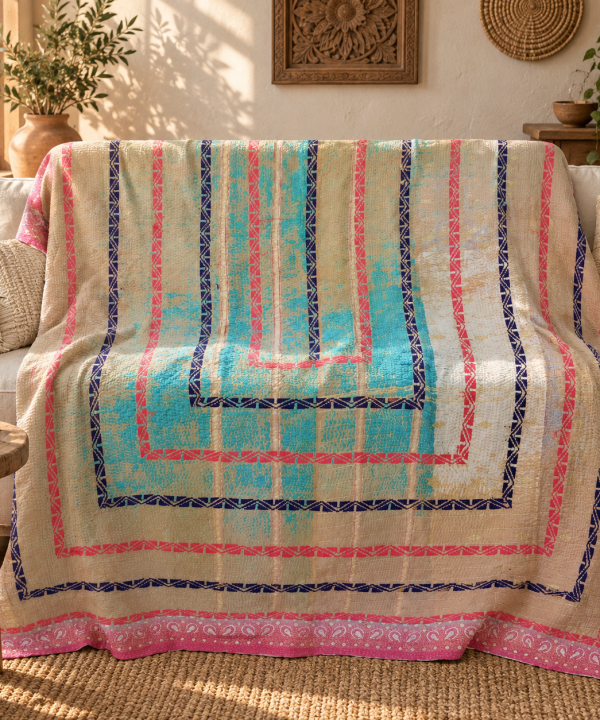 Vintage Turquoise Pink Kantha Quilt – Handmade Cotton Bedspread Throw 60 x 90 Inches