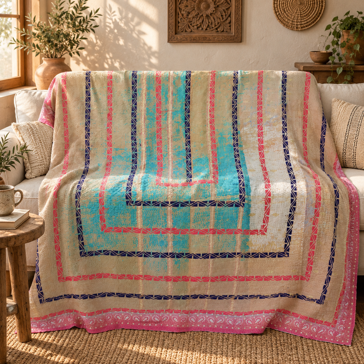 Vintage Turquoise Pink Kantha Quilt – Handmade Cotton Bedspread Throw 60 x 90 Inches
