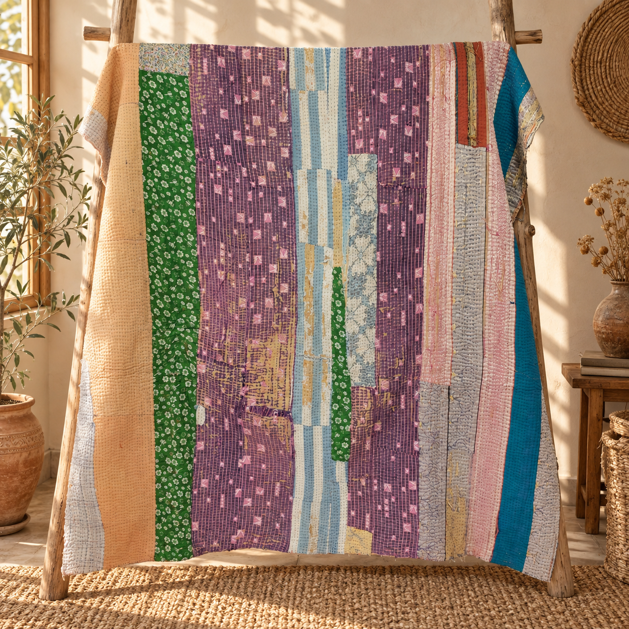 Vintage Kantha Quilt 60x90 Inches – Beige Cream Blue Hand Stitched Cotton Bedspread - Image 5
