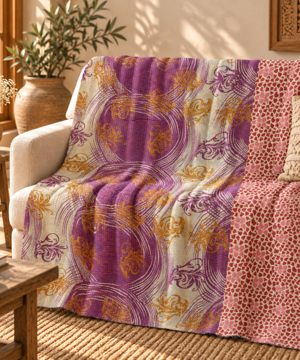 Vintage Purple Kantha Quilt – Handmade Recycled Sari Indian Bedspread, Reversible Boho Throw Blanket