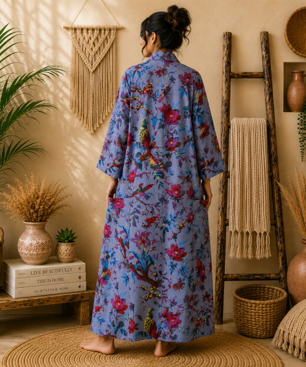 Alternative view of Lavender Blue Floral Bird Print Cotton Long Kimono Robe for Women – Boho Free Size Maxi Kimono with Pockets