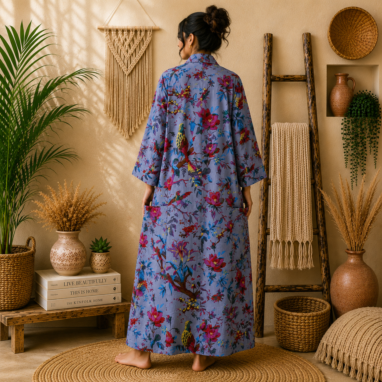 Lavender Blue Floral Bird Print Cotton Long Kimono Robe for Women – Boho Free Size Maxi Kimono with Pockets - Image 2