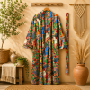 Multicolor Frida Kahlo Print Long Kimono Robe for Women – Boho Floral Cotton Dressing Gown, Free Size Belted Maxi Kimono - Image 3