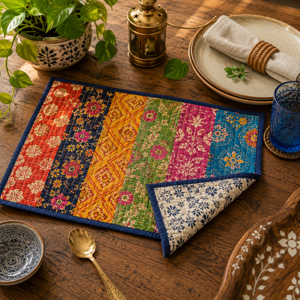 5 Pcs Vintage Kantha Quilted Placemats 13x18 Inches – Recycled Cotton Patchwork Table Mats, Handmade Boho Dining Decor - Image 3