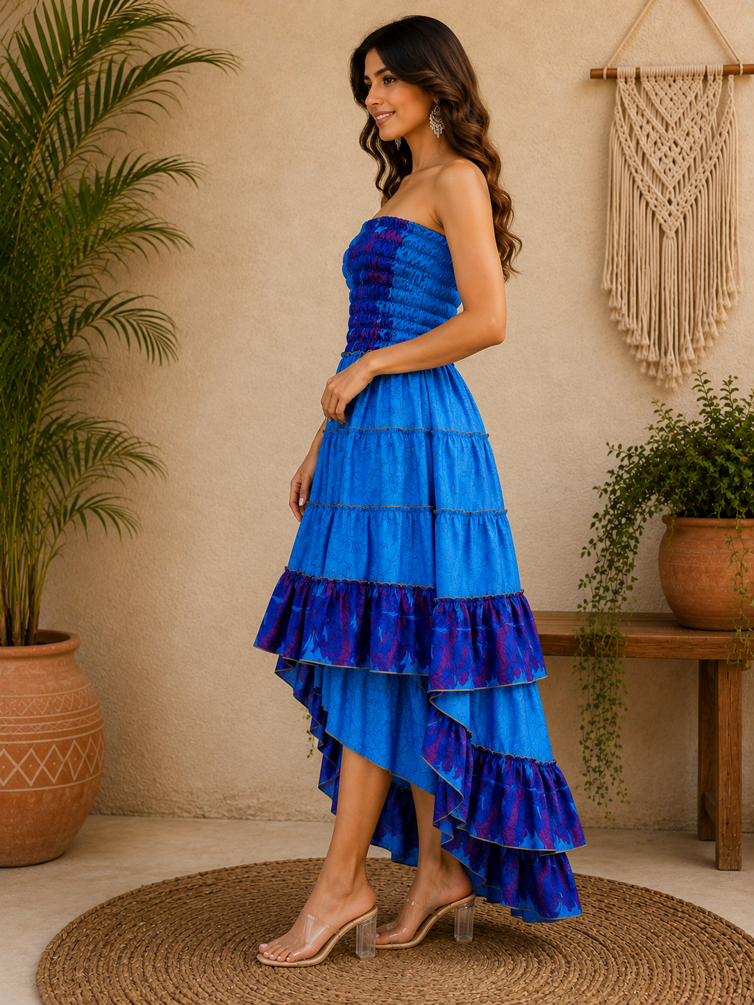 Royal Blue & Purple Maxi Dress – Strapless Smocked Tiered High Low Boho Summer Dress - Image 3