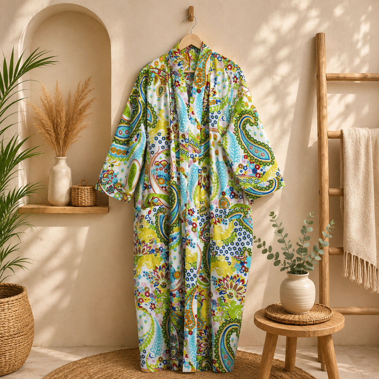 White Green Floral Paisley Long Kimono Robe – Boho Printed Maxi Kimono Jacket for Women - Image 5
