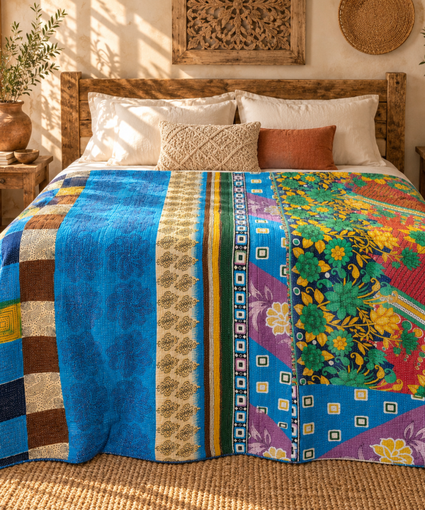 Alternative view of Vintage Blue Multicolor Kantha Quilt 60x90 Inches – Handmade Cotton Patchwork Bedspread Throw