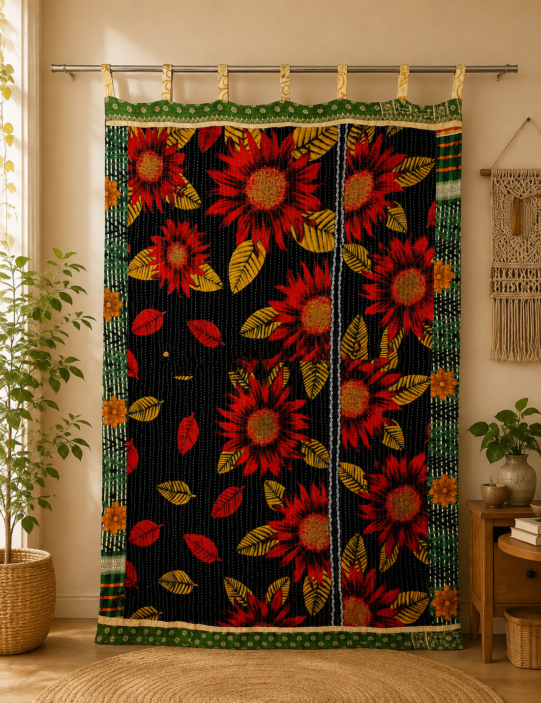 Black Vintage Kantha Curtain – Handmade Cotton Patchwork Boho Indian Window Door Curtain – 1 Pc - Image 5