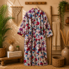 White Pink Floral Bird Print Cotton Long Kimono Robe for Women – Boho Maxi Kimono, Free Size Belted Dressing Gown - Image 3