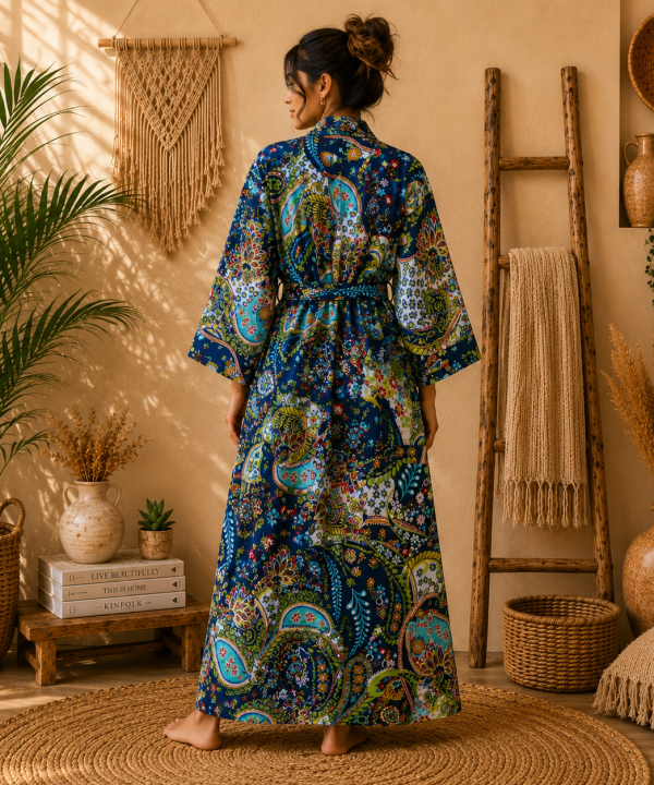 Alternative view of Navy Blue Paisley Print Cotton Long Kimono Robe for Women – Boho Free Size Maxi Kimono with Belt & Pockets