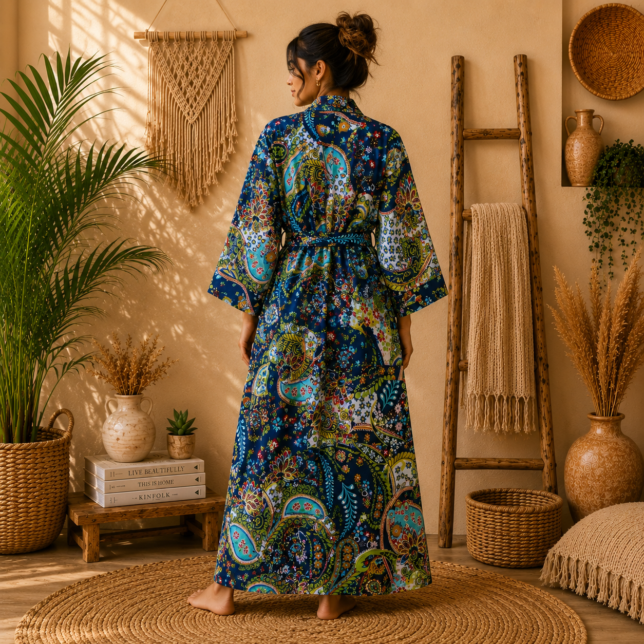 Navy Blue Paisley Print Cotton Long Kimono Robe for Women – Boho Free Size Maxi Kimono with Belt & Pockets - Image 2