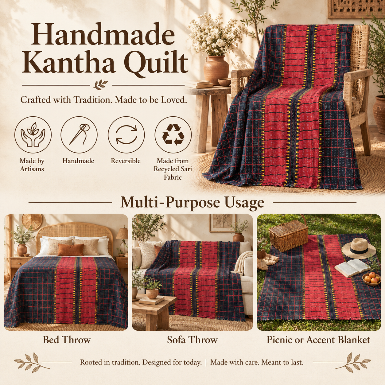 Vintage Handmade Kantha Quilt – Red & Navy Blue Recycled Sari Throw, Reversible Indian Boho Bedspread MN-VKQ-TW-1342 - Image 4