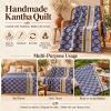 Vintage Handmade Kantha Quilt – Royal Blue & Cream Floral Recycled Cotton Bedspread, Indian Boho Sofa Throw - Image 4