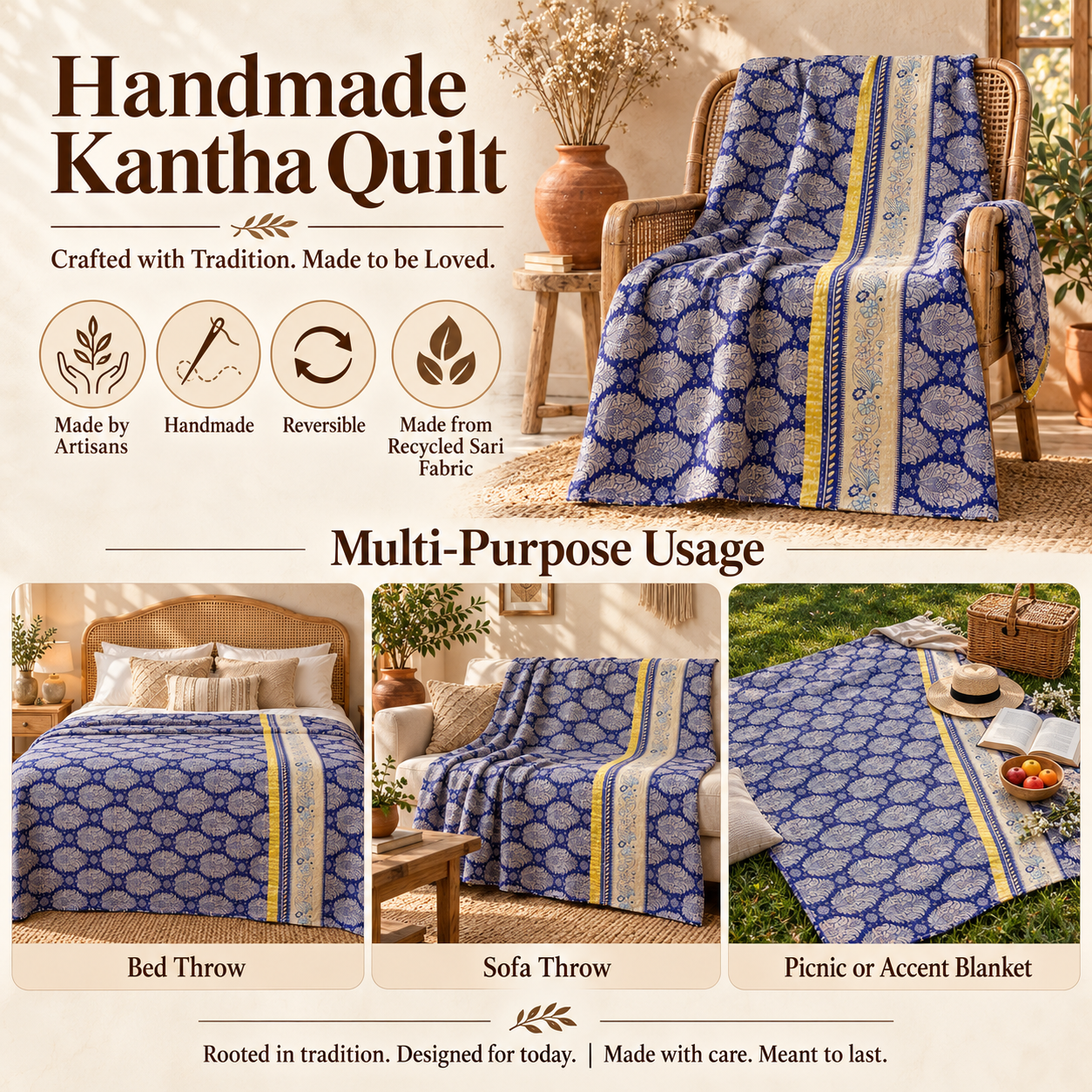 Vintage Handmade Kantha Quilt – Royal Blue & Cream Floral Recycled Cotton Bedspread, Indian Boho Sofa Throw - Image 4