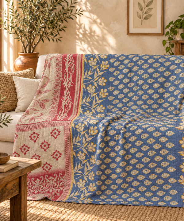 Vintage Handmade Kantha Quilt – Blue & Cream Floral Recycled Cotton Bedspread, Indian Boho Sofa Throw Blanket