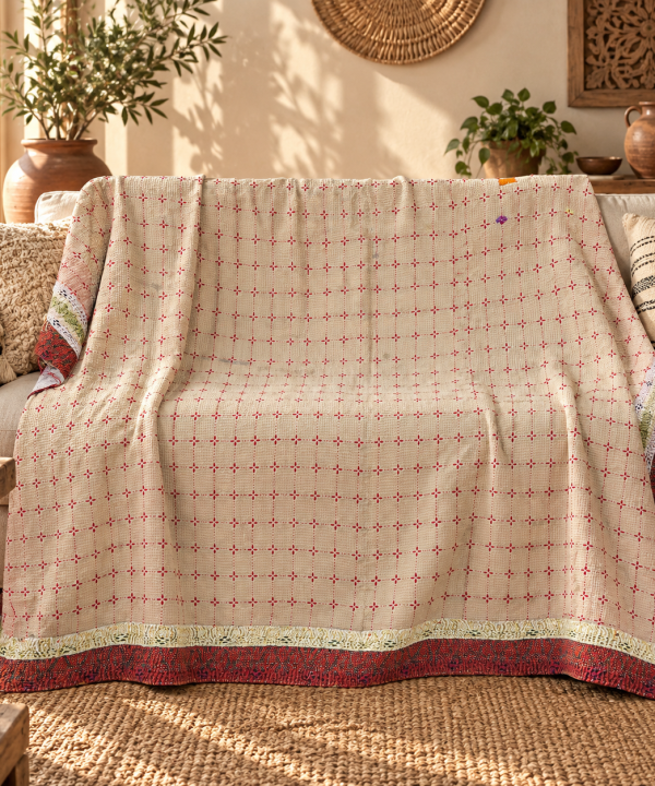 Cream & Red Vintage Kantha Quilt 60 x 90 Inches – Handmade Cotton Bedspread – One of a Kind