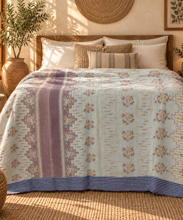 Alternative view of Light Blue & Lavender Vintage Kantha Quilt 60 x 90 Inches – Handmade Floral Cotton Bedspread – One of a Kind