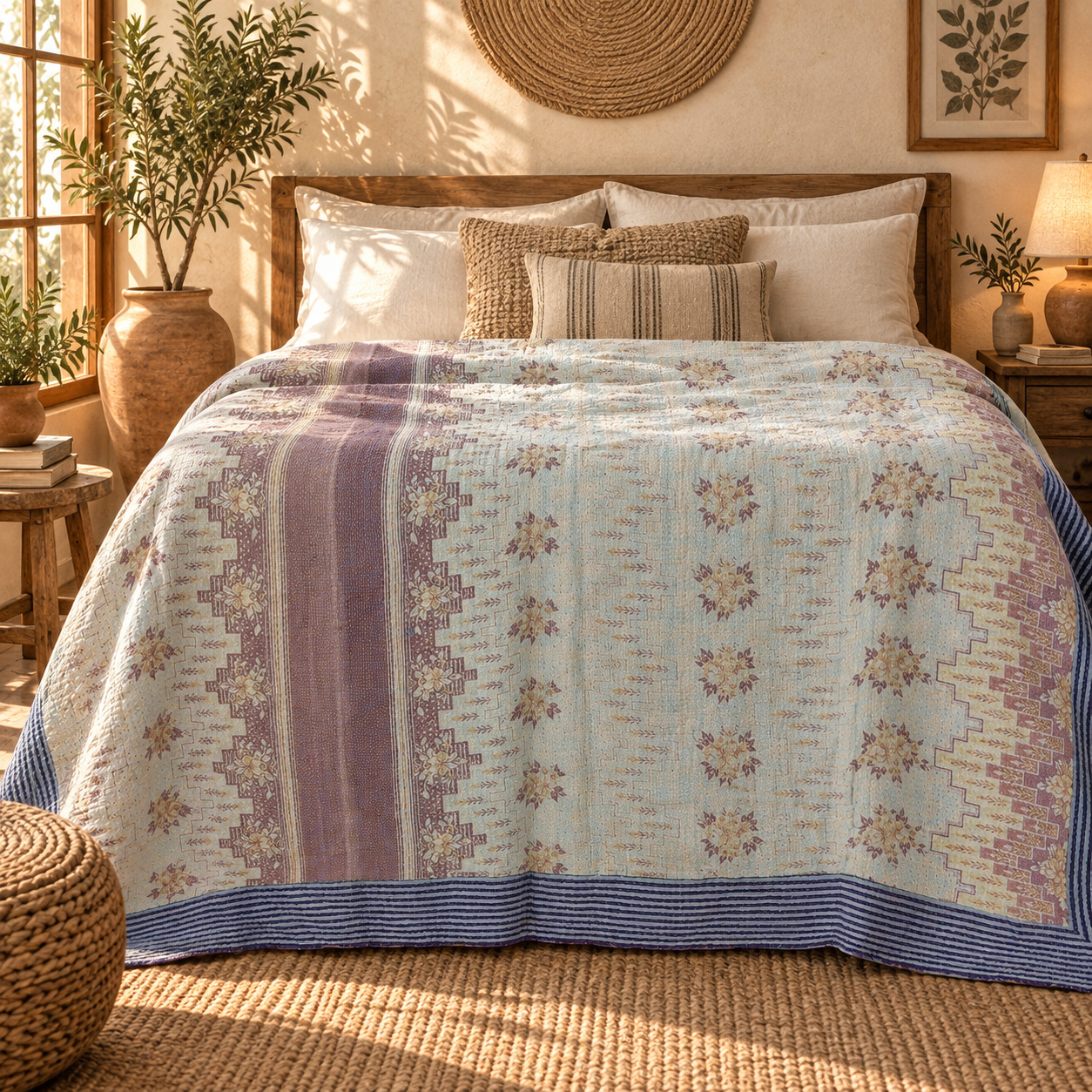 Light Blue & Lavender Vintage Kantha Quilt 60 x 90 Inches – Handmade Floral Cotton Bedspread – One of a Kind - Image 2