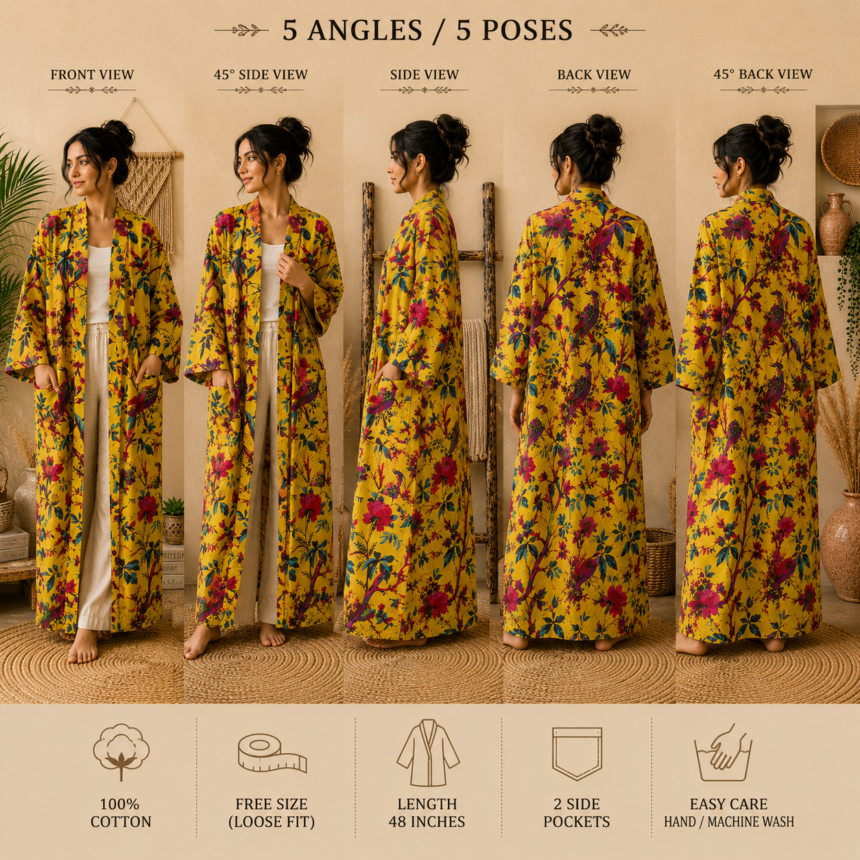 Mustard Yellow Floral Bird Print Cotton Long Kimono Robe for Women – Boho Maxi Kimono, Free Size with Pockets - Image 5