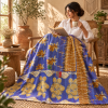 Vintage Handmade Kantha Quilt Blue & Mustard Floral Recycled Sari Cotton Boho Throw Blanket - Image 3