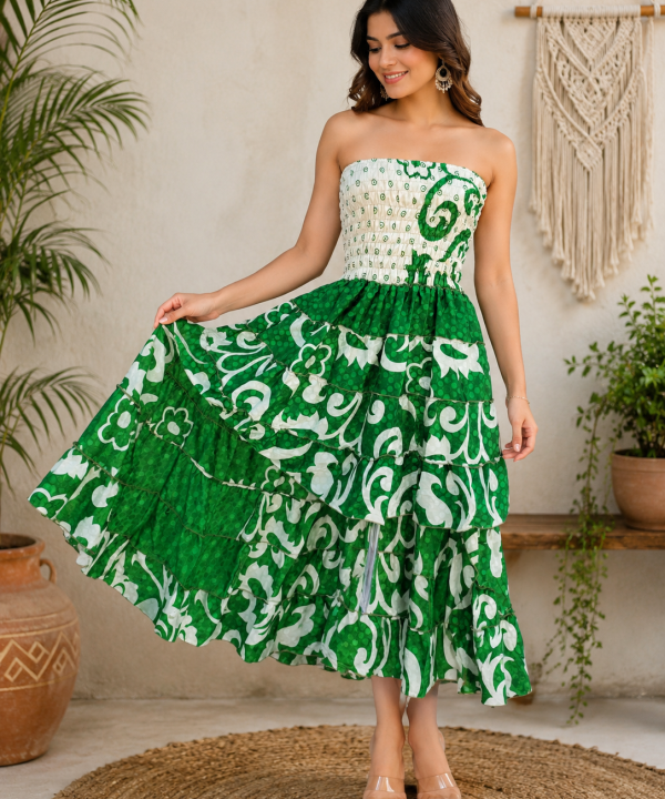 Green & White Floral Maxi Dress – Strapless Smocked Tiered Boho Summer Dress