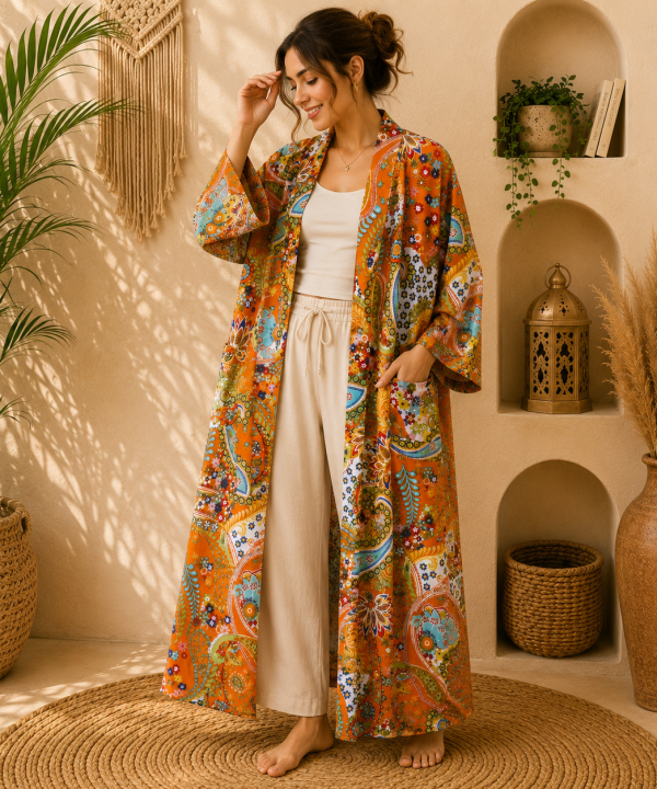 Orange Floral Paisley Long Kimono Robe – Boho Printed Cotton Maxi Kimono Jacket for Women