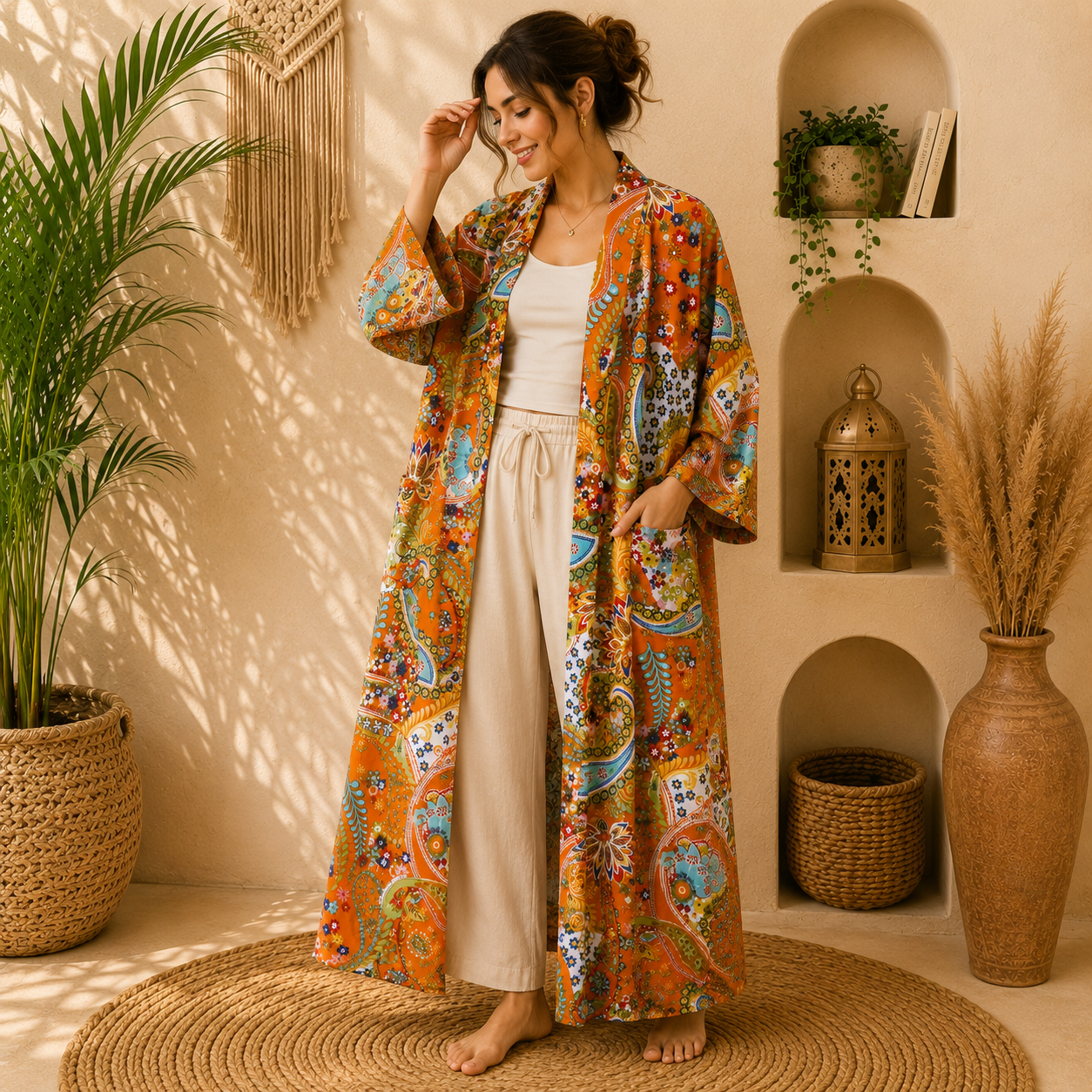 Orange Floral Paisley Long Kimono Robe – Boho Printed Cotton Maxi Kimono Jacket for Women