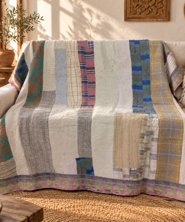 Vintage Patchwork Kantha Quilt 60x90 Inches – Neutral Multicolor Hand Stitched Cotton Throw