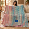 Vintage Pastel Blue Pink Kantha Quilt 60x90 Inches – Hand Stitched Cotton Boho Bedspread Throw - Image 3
