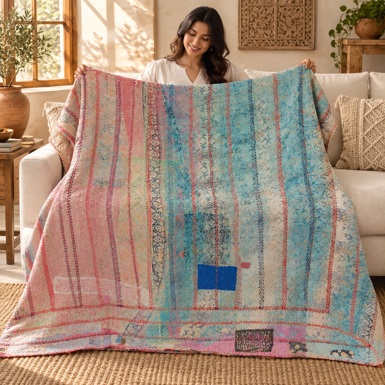 Vintage Pastel Blue Pink Kantha Quilt 60x90 Inches – Hand Stitched Cotton Boho Bedspread Throw - Image 3