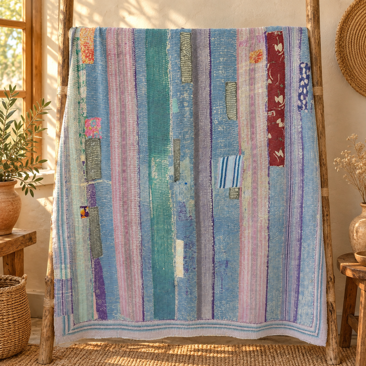 Vintage Blue Purple Kantha Quilt 60x90 Inches – Hand Stitched Cotton Boho Bedspread Throw - Image 5