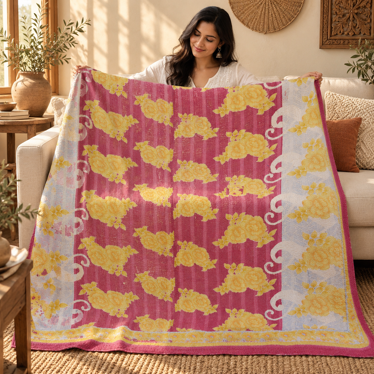 Vintage Pink & Yellow Floral Kantha Quilt – Hand Stitched Cotton Indian Throw 60 x 90 Inches - Image 3