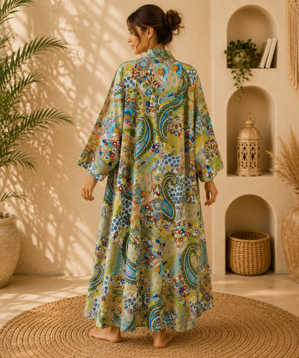 Alternative view of Light Green Floral Paisley Long Kimono Robe – Boho Printed Maxi Kimono Jacket for Women  Colour