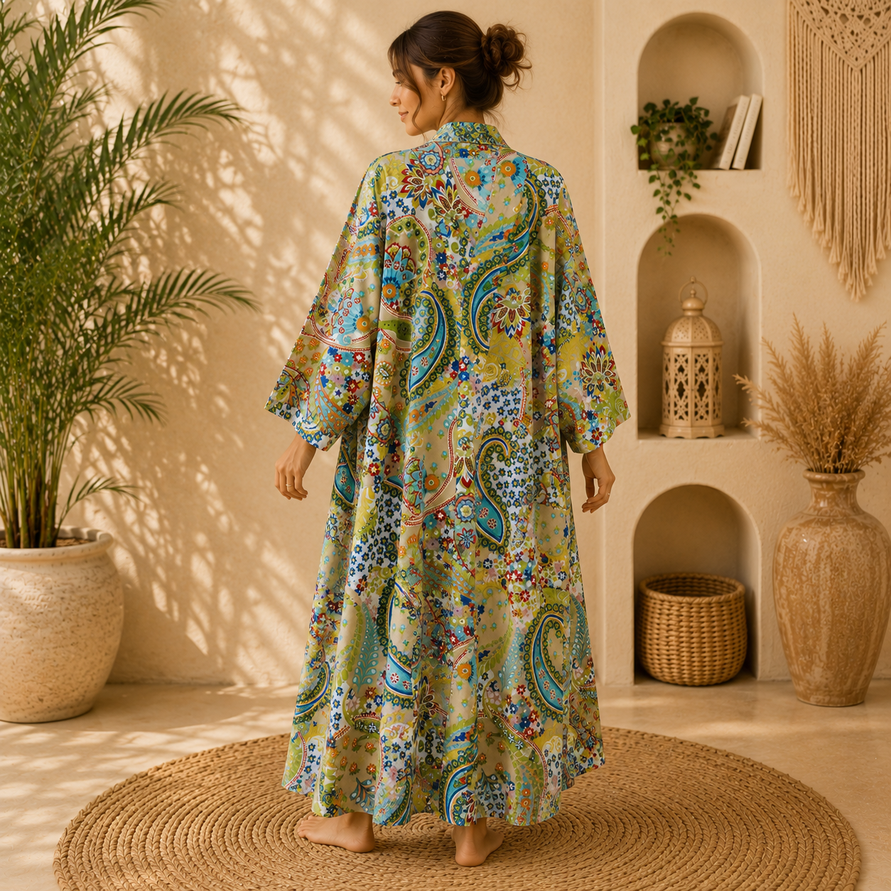 Light Green Floral Paisley Long Kimono Robe – Boho Printed Maxi Kimono Jacket for Women Colour - Image 2