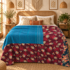 Vintage Handmade Kantha Quilt – Teal Blue & Burgundy Floral Recycled Sari Throw, Reversible Indian Bedspread - Image 2