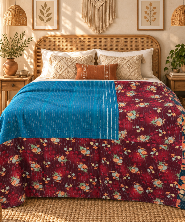 Alternative view of Vintage Handmade Kantha Quilt – Teal Blue & Burgundy Floral Recycled Sari Throw, Reversible Indian Bedspread