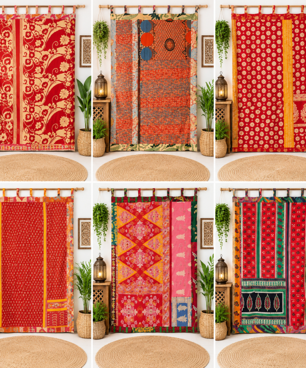 Red Vintage Kantha Curtain – Handmade Cotton Patchwork Boho Indian Window Door Curtain – 1 Pc