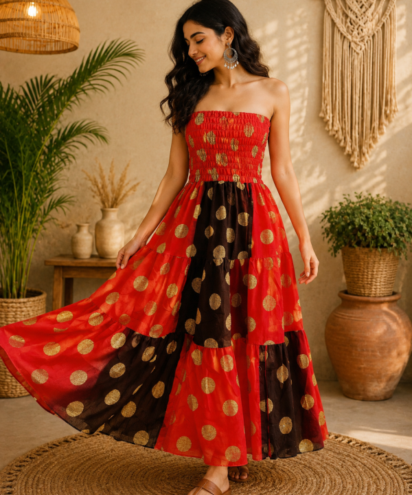 Red Black & Gold Maxi Dress – Strapless Smocked Tiered Boho Polka Dot Summer Dress