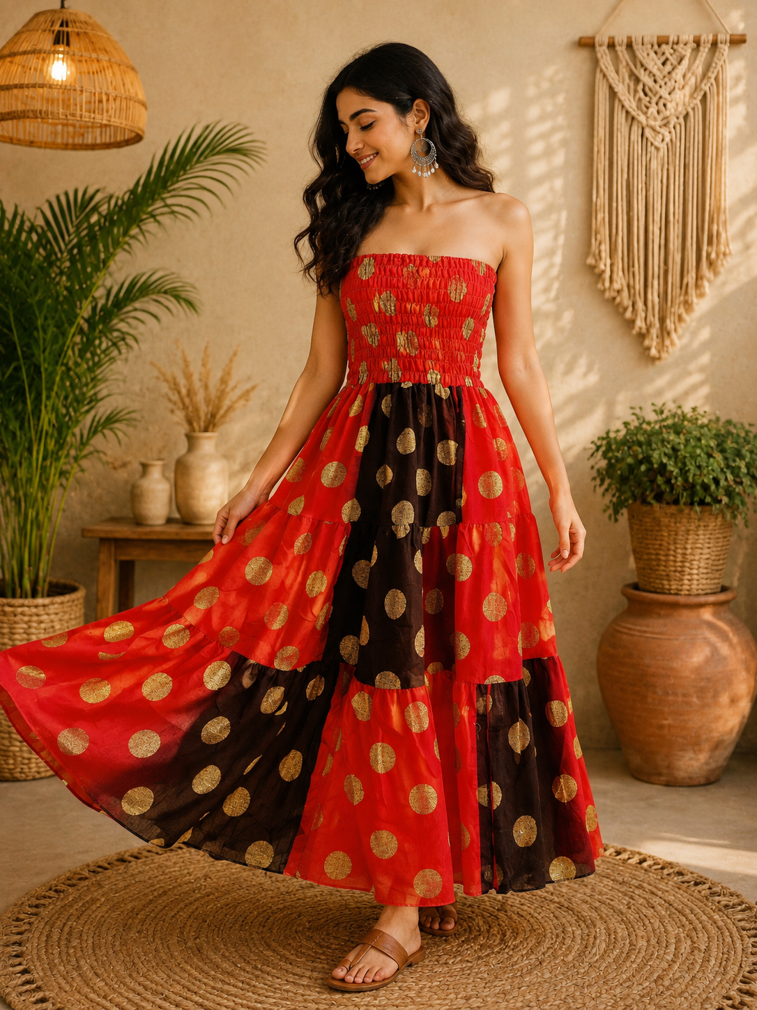 Red Black & Gold Maxi Dress – Strapless Smocked Tiered Boho Polka Dot Summer Dress