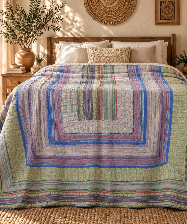 Alternative view of Multicolor Striped Vintage Kantha Quilt 60 x 90 Inches – Handmade Cotton Bedspread Throw – One of a Kind
