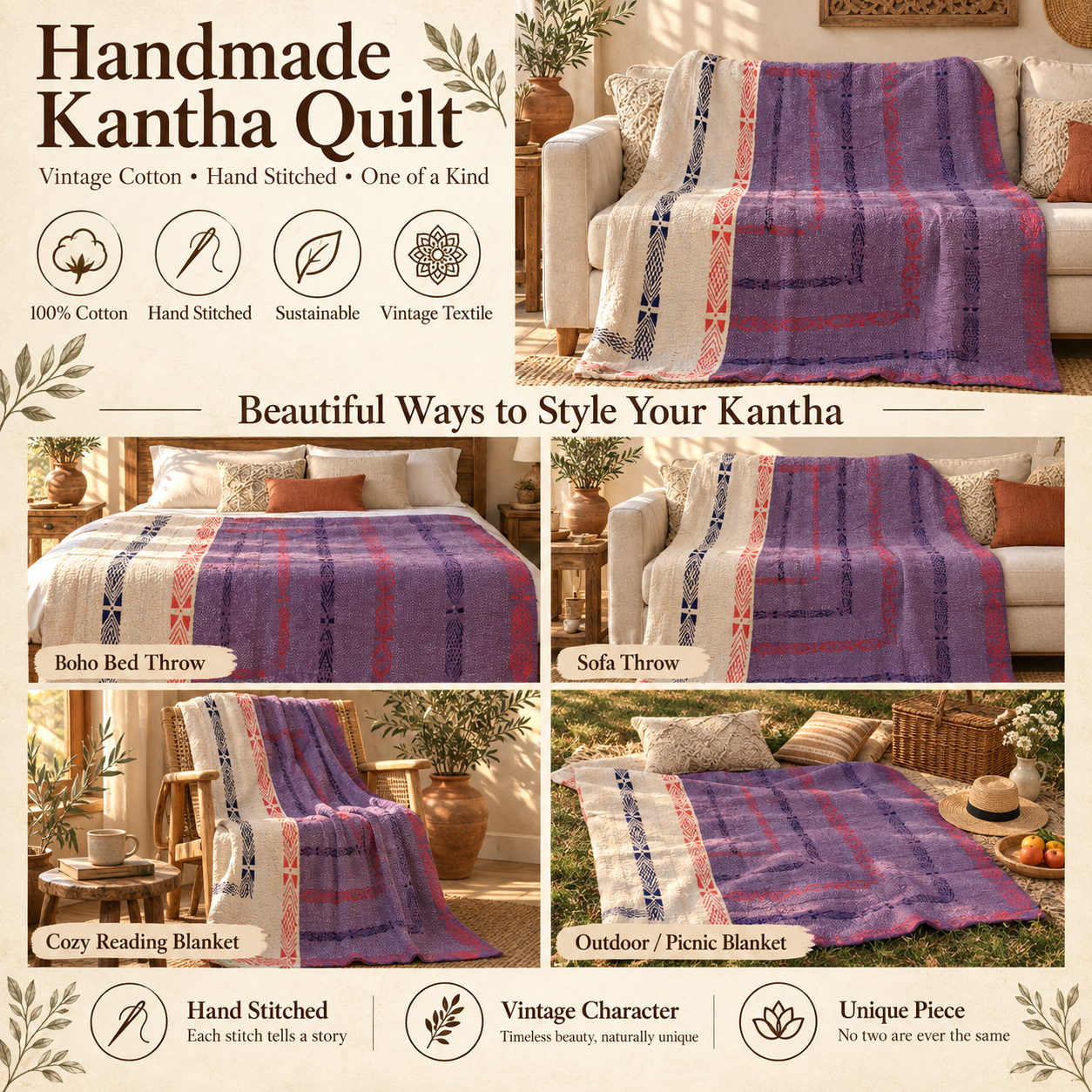 Vintage Purple & Ivory Kantha Quilt 60x90 Inches – Hand Stitched Cotton Boho Throw - Image 4