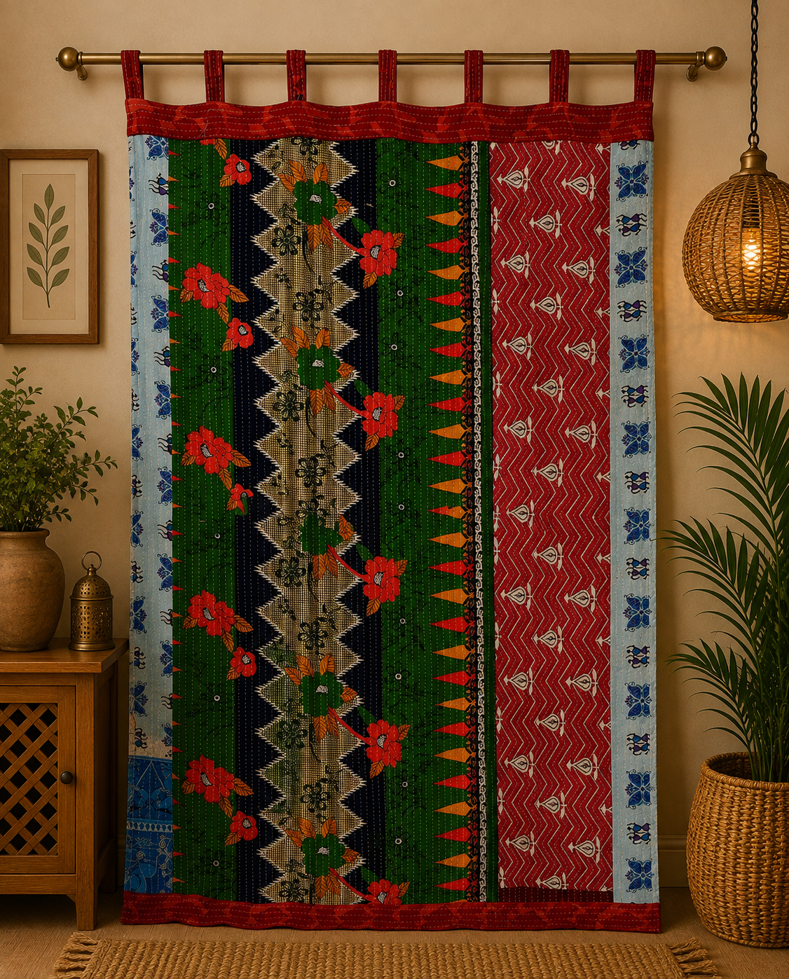 Green Vintage Kantha Curtain – Handmade Cotton Patchwork Boho Indian Window Door Curtain – 1 Pc - Image 3