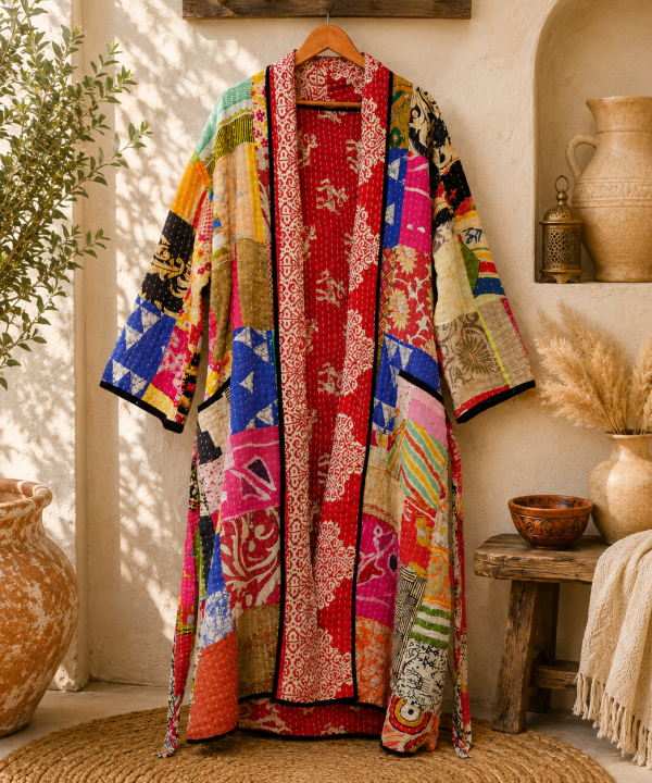 Alternative view of Multicolor Vintage Kantha Long Kimono Robe – Handmade Patchwork Cotton Boho Jacket