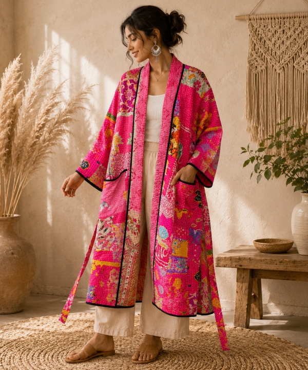 Pink Multicolor Vintage Kantha Long Kimono Robe – Handmade Patchwork Cotton Boho Jacket