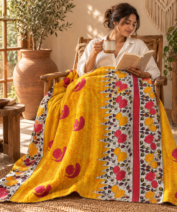 Alternative view of Vintage Handmade Kantha Quilt – Mustard Yellow Floral Recycled Cotton Bedspread, Indian Boho Bed & Sofa Throw