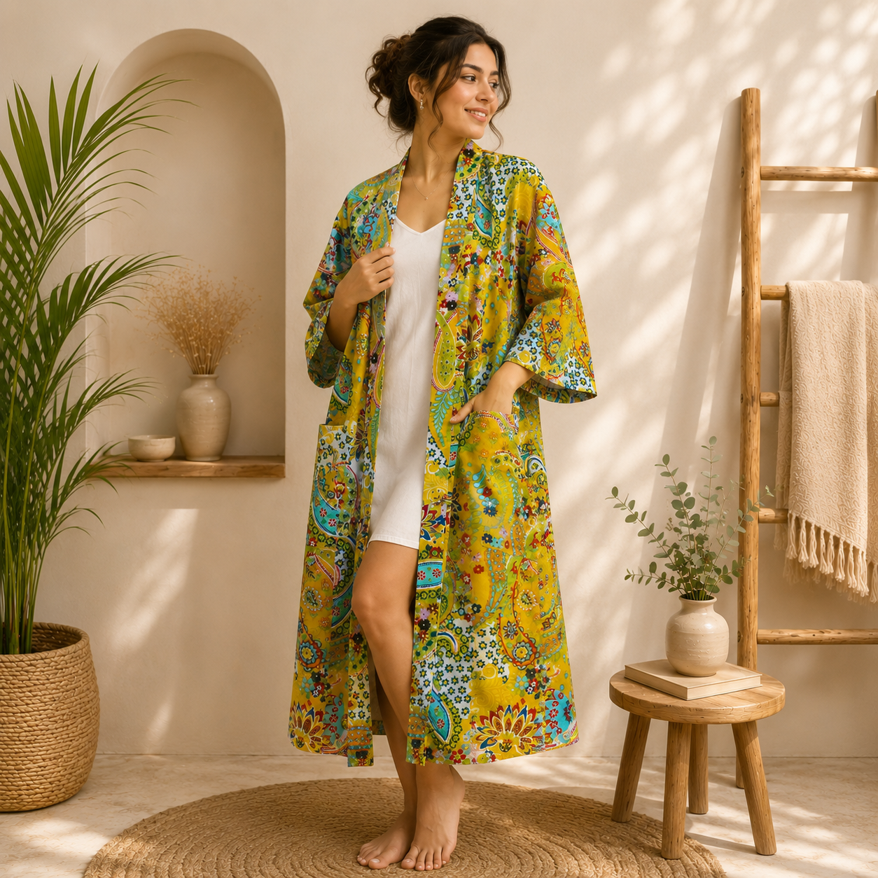 Yellow Multicolor Floral Paisley Long Kimono Robe – Boho Printed Maxi Kimono Jacket for Women - Image 4